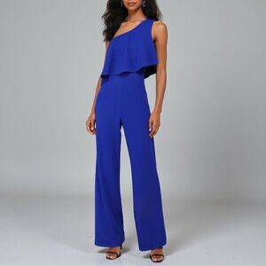 Lulus Flawless Vibes Royal Blue One-Shoulder Tiered Wide-Leg Jumpsuit Size XL
